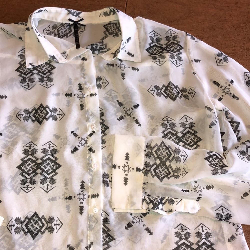 POOF! Sheer Black and White Button Down Shirt L